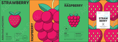 Set of labels, posters, and price tags features line art designs of fruits, specifically strawberries and raspberries, in a vibrant, minimalistic style. photo