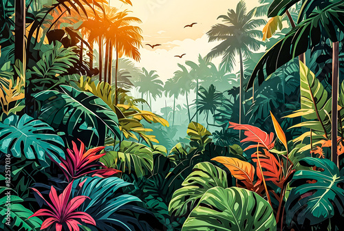 A vibrant comic-style jungle scene with dense foliage, colorful flowers, and Monstera Philodendron leaves adorning the trees vector art illustration generative AI image. 