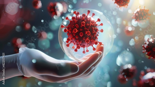 Virus particle in gloved hand surrounded by floating virus particles. Medical illustration