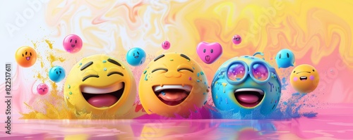 Three large emojis with various facial expressions surrounded by smaller emojis on a colorful background