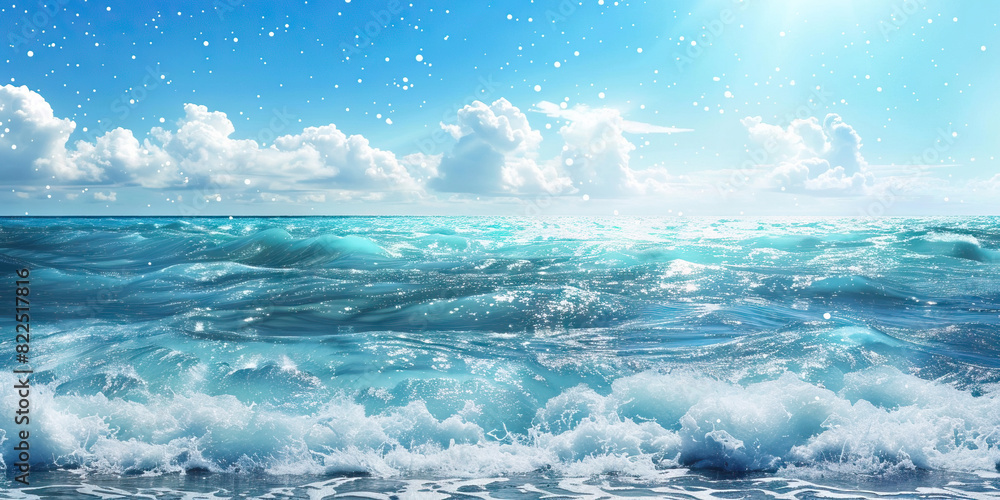 A sparkling blue ocean stretches endlessly towards the horizon, waves crashing against the shore