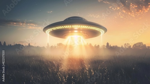 UFO hovering above field at dawn. Science fiction digital artwork with spaceship and misty landscape.