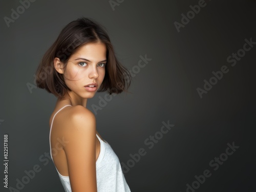 Young brunette on a gray background. Feminine beauty.