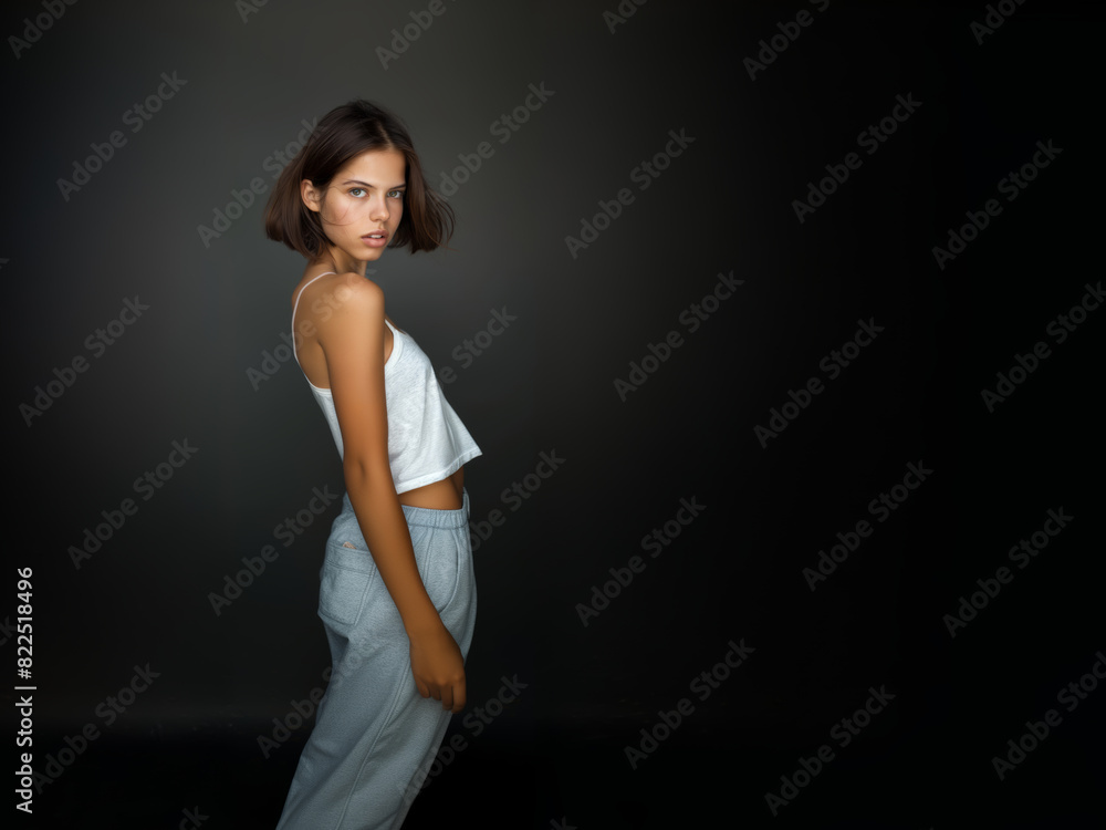 Young slim athletic brunette on a gray background. Active lifestyle, weight loss, motivation. Young slim athletic brunette on a gray background. Active lifestyle, weight loss, motivation.