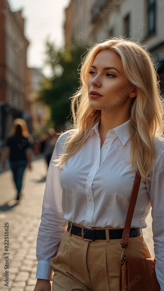 Confident and attractive blonde women, dressed in classic strict clothes, walk down a sunny city street