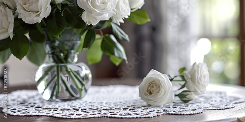 A delicate white doily adorns a wooden table, holding a vase of freshly cut white roses.