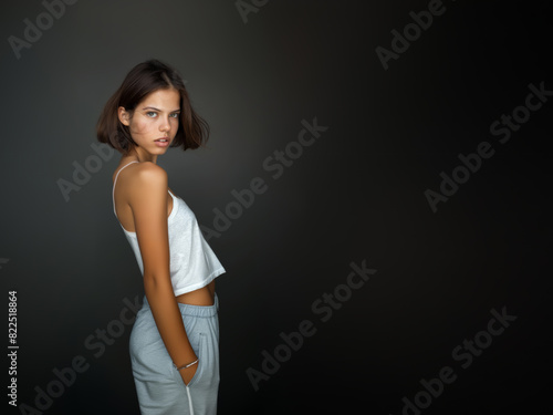 Young slim athletic brunette on a gray background. Active lifestyle, weight loss, motivation.
