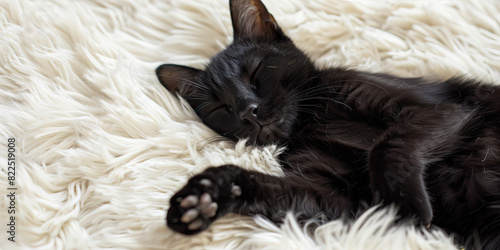 A black cat curls up on a soft, fluffy white rug, paws twitching contentedly