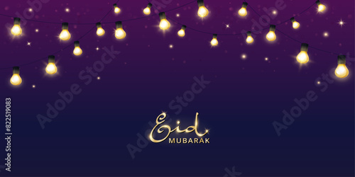 Wallpaper Mural Eid Mubarak banner with hanging light bulbs decoration. Ramadan and Al Adha vector background. Eid calligraphy in arabic style. Vector. Torontodigital.ca