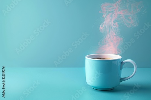 A serene morning with hot beverage and pastel hues against blue background