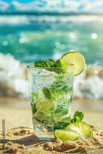 refreshing mojito cocktail with mint leaves and lime, set against a beach background, 
