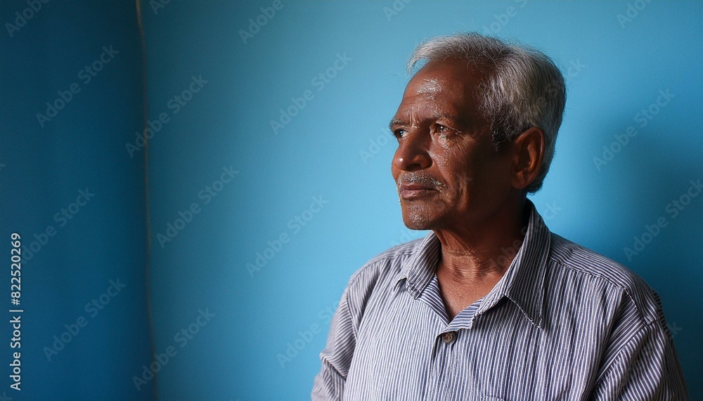 An Indian 75 years old men with a thinking expression on his face in front of the plain blue background An Indian 75 years old men with a thinking expression on his face in front of the plain blue background