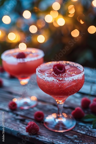 Raspberry cocktails with salted rims and fresh raspberries in glasses on a wooden table with bokeh lights