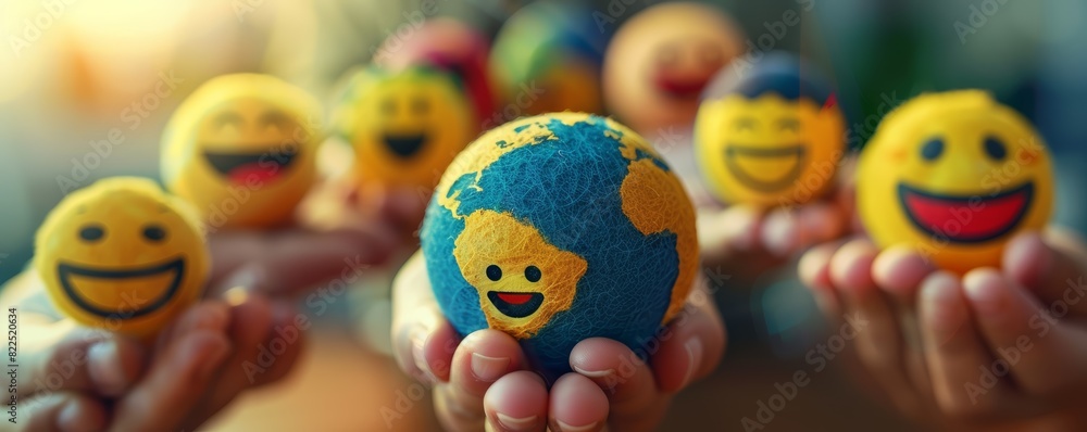 Hands holding smiling globe and emoji balls. Close-up photography. Global happiness and friendship concept for design and print.