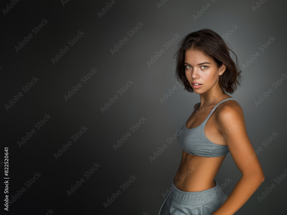 Young slim athletic brunette on a gray background. Active lifestyle, weight loss, motivation. Young slim athletic brunette on a gray background. Active lifestyle, weight loss, motivation.