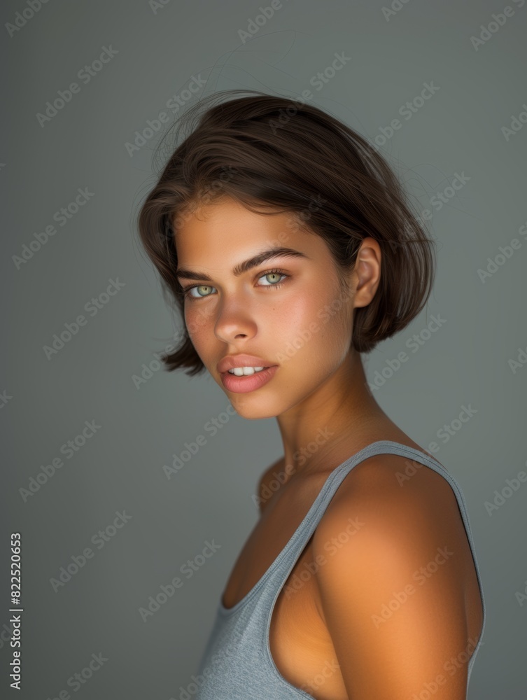 Young brunette on a gray background. Feminine beauty. Young brunette on a gray background. Feminine beauty.
