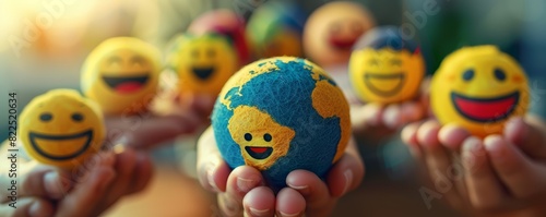 Hands holding smiling globe and emoji balls. Close-up photography. Global happiness and friendship concept for design and print.