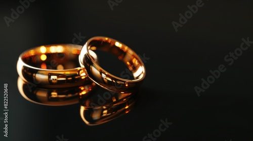Closeup of elegant couple gold wedding rings on isolated black background. Generated AI image