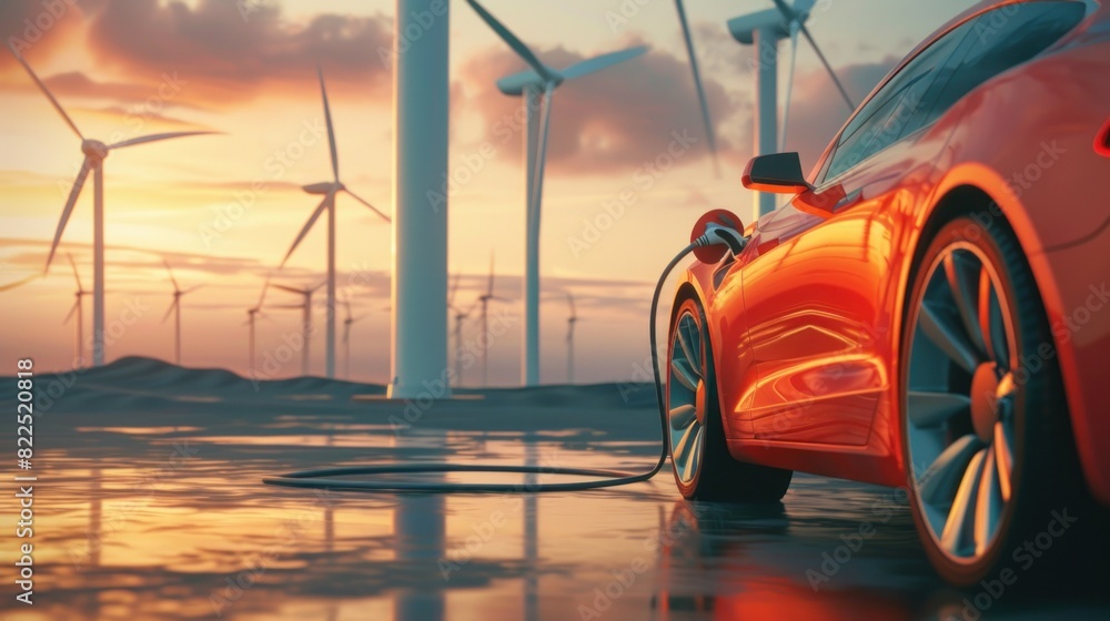 Red electric car on charging station against wind turbine windmills background. Generated AI image