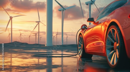 Red electric car on charging station against wind turbine windmills background. Generated AI image