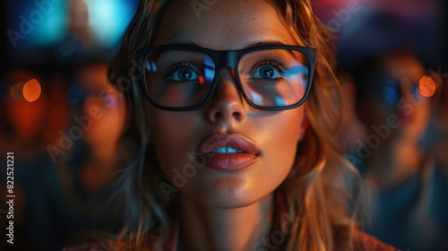 Close-up of a young woman wearing glasses, gazing intently with a blurred audience in the background under vibrant lighting. © victoriazarubina
