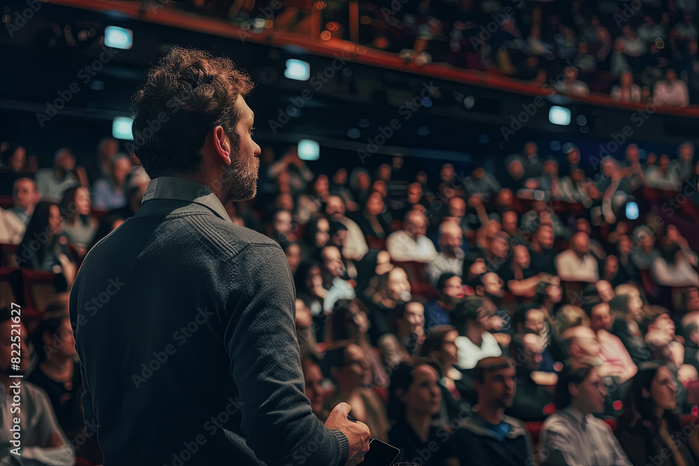 Speaker giving a talk on corporate business conference. Unrecognizable people in audience at conference hall. Business and Entrepreneurship event Speaker giving a talk on corporate business conference. Unrecognizable people in audience at conference hall. Business and Entrepreneurship event
