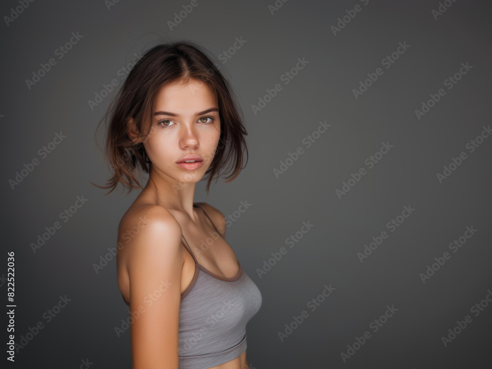 Fototapeta premium Young slim athletic brunette on a gray background. Active lifestyle, weight loss, motivation.