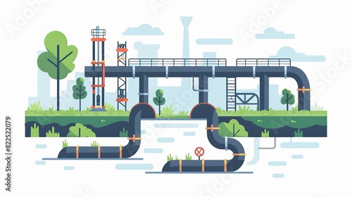 Pipeline for various purposes: underground part of the system, town engineering communications network. Isolated vector illustration.