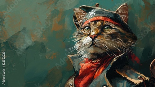  A cat dressed as a pirate, with an eyepatch and a tiny sword, on a solid green background. photo