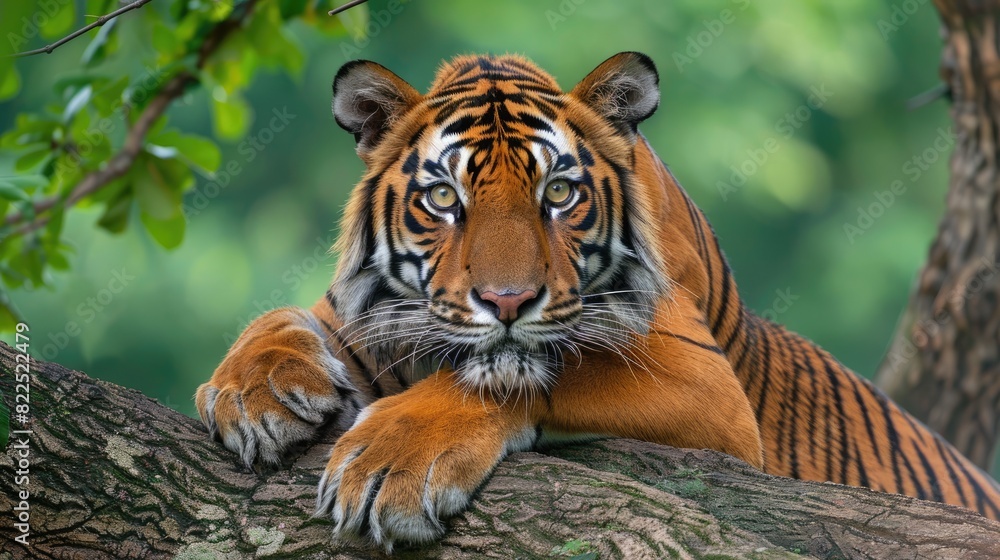Fototapeta premium Tiger on a tree in the green jungle of central India