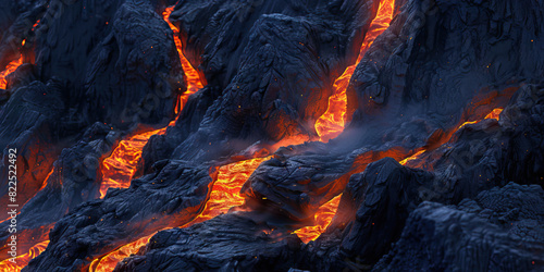 The glowing orange embers cascade down the rocky black mountainside, the soft light playing off their jagged peaks