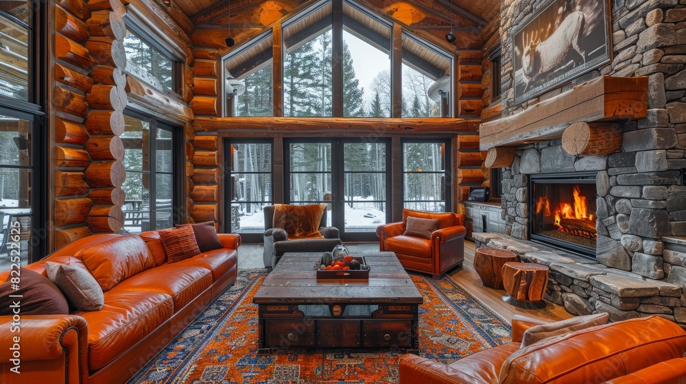 Living room interior with vaulted ceiling with wood cedar panelling stone fireplace brown leather armchairs coffee table and area rug natural brown tones Living room interior with vaulted ceiling with wood cedar panelling stone fireplace brown leather armchairs coffee table and area rug natural brown tones