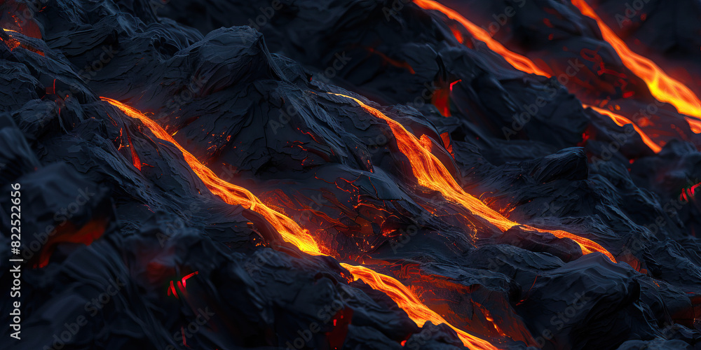 The glowing orange embers cascade down the rocky black mountainside, the soft light playing off their jagged peaks The glowing orange embers cascade down the rocky black mountainside, the soft light playing off their jagged peaks
