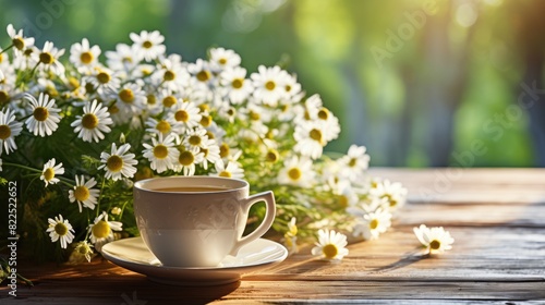 Chamomile flowers in teacup on wooden table in garden