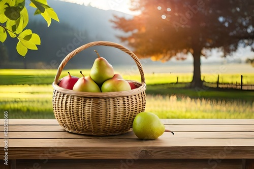 Basket with pears and a farm in the background
