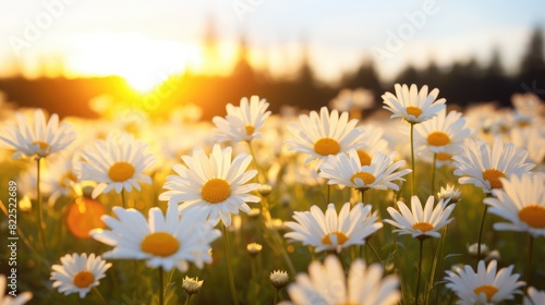 Meadow with lots of white spring daisy flowers at sunset.