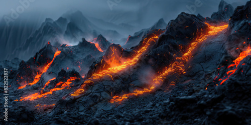 The glowing orange embers cascade down the rocky black mountainside, the soft light playing off their jagged peaks