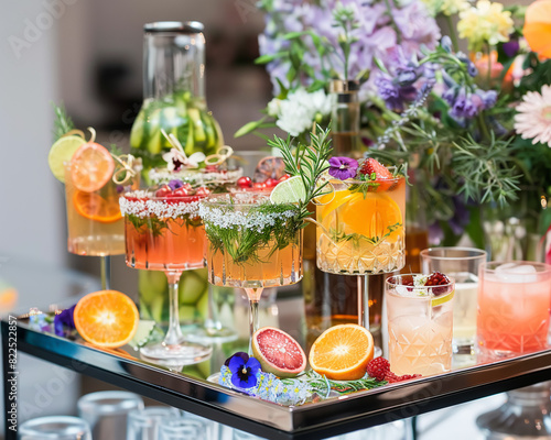 A modern cocktail station with a variety of craft cocktails displayed on a mirrored tray, each garnished with unique elements like edible flowers, herbs, and fruit slices, set against a chic bar photo