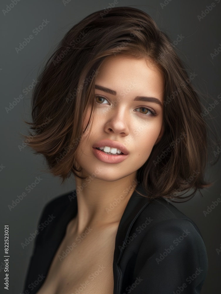 Young brunette on a gray background. Feminine beauty. Young brunette on a gray background. Feminine beauty.