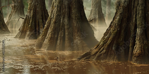 The murky brown swamp mist curls around the gnarled tree trunks, creating an ethereal atmosphere photo