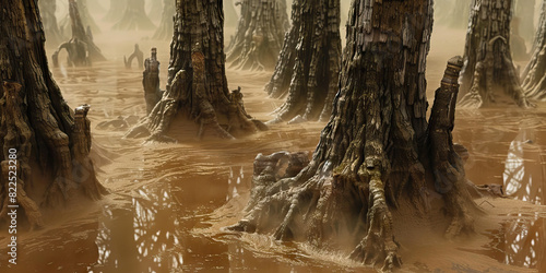 The murky brown swamp mist curls around the gnarled tree trunks, creating an ethereal atmosphere