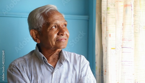 An Indian 80 years old men with a thinking expression on his face in front of the plain blue background