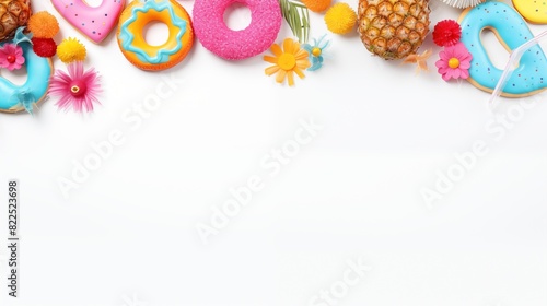Colorful Arrangement of Donuts and Flowers with Tropical Themes
