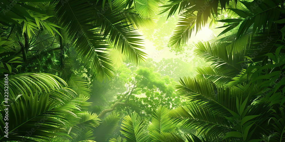 The lush green jungle canopy towers above, teeming with life, its vibrant leaves blocking out the harsh rays of the sun