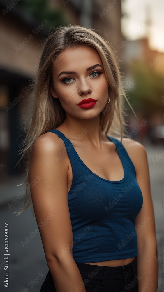 Fototapeta premium Potrait beautiful western with bold makeup, wearing big red tank top