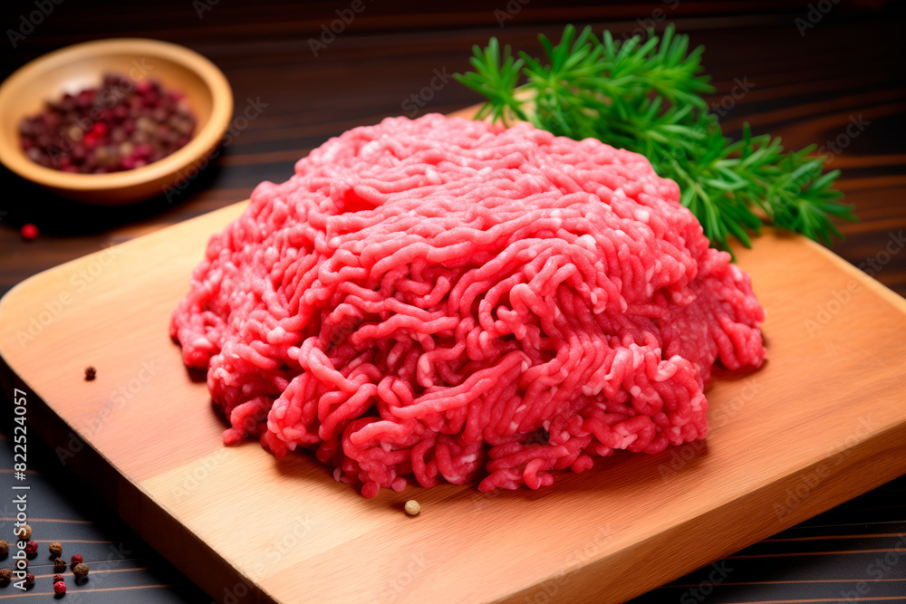 Fresh raw ground beef on a wooden cutting board with herbs and spices, perfect for recipes and culinary uses