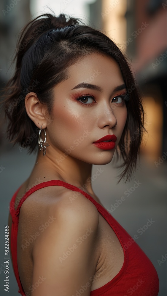 Potrait beautiful asian with bold makeup, wearing big red tank top Potrait beautiful asian with bold makeup, wearing big red tank top