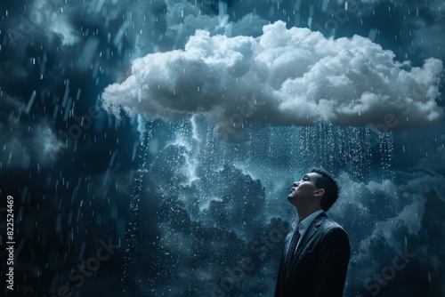 Businessman, standing under rain, pessimistic man under cloud, sad business man, unlucky, misfortune