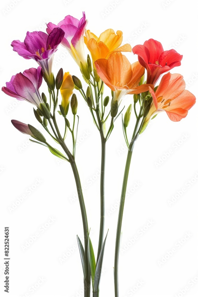 Color freesia flowers isolated, freesia buds set, blossoms collection on white background Color freesia flowers isolated, freesia buds set, blossoms collection on white background