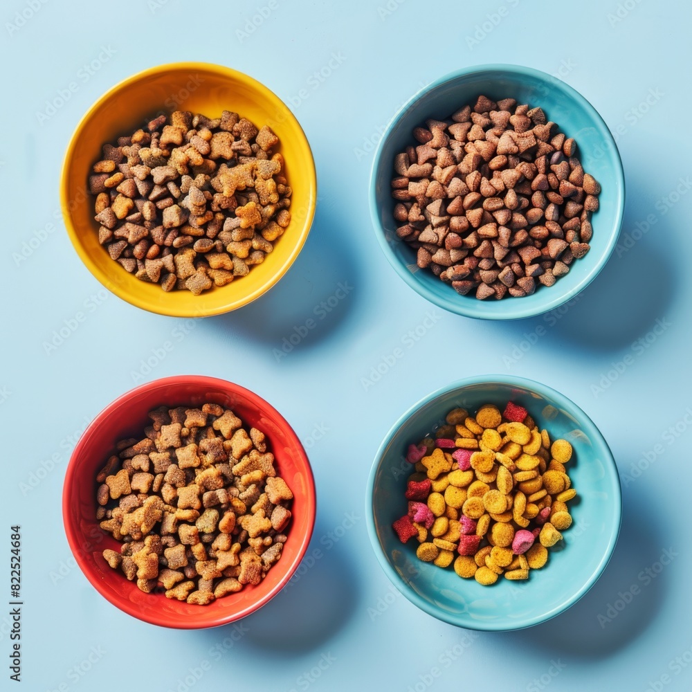 Dry Pet Food Set, Cat Diet, Puppy Food Brown Pieces, Dog Meal in Bowls, Pet Dinner Crackers Dry Pet Food Set, Cat Diet, Puppy Food Brown Pieces, Dog Meal in Bowls, Pet Dinner Crackers